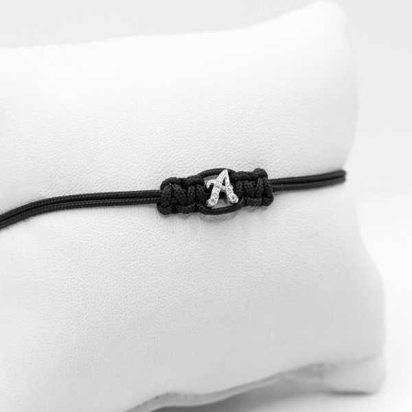 SCARABEO Bracciale Lettera A, Cordino Nero, Oro bianco 18kt e diamanti - immagine 2